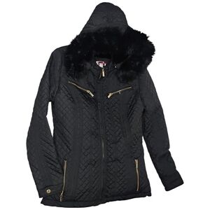 Women's Quilted Black Jacket with Faux Fur Hood